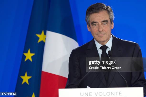 Les Republicains candidate Francois Fillon delivers a speech after projected results suggest he has been defeated in the French Presidential...