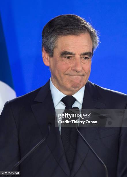 Les Republicains candidate Francois Fillon delivers a speech after projected results suggest he has been defeated in the French Presidential...