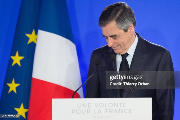 Les Republicains candidate Francois Fillon delivers a speech after projected results suggest he has been defeated in the French Presidential...