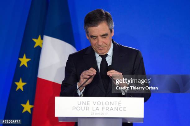 Les Republicains candidate Francois Fillon delivers a speech after projected results suggest he has been defeated in the French Presidential...