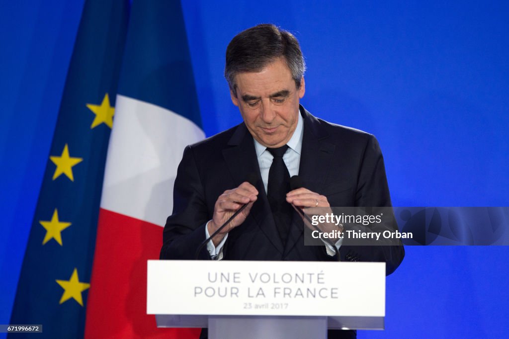 Presidential Candidate Francois Fillon Delivers A Speach After The 1st Round Of France Presidential Elections In Paris