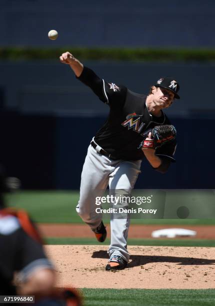 Tom Koehler of the Miami Marlins pitches during the first inning of a baseball game against the San Diego Padres at PETCO Park on April 23, 2017 in...