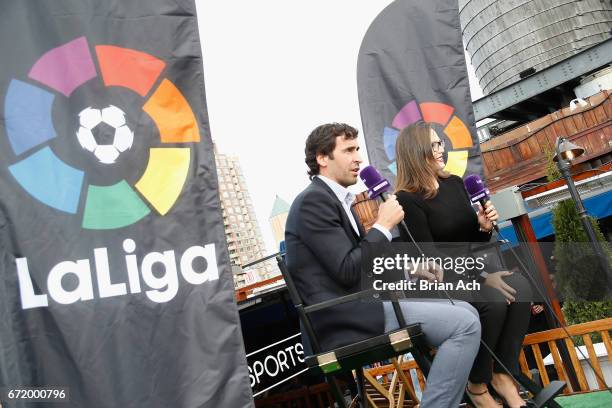 Retired soccer player Raul Gonzalez speaks during a roofop viewing party of El Clasico - Real Madrid CF vs FC Barcelona hosted by LaLiga at 230 Fifth...