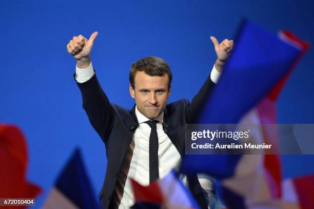 Founder and Leader of the political movement 'En Marche !' Emmanuel Macron speaks after winning the lead percentage of votes in the first round of...