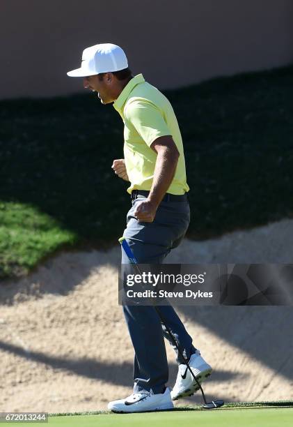 Kevin Chappell celebrates after putting in to win on the 18th green during the final round of the Valero Texas Open at TPC San Antonio AT&T Oaks...