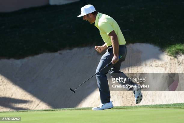 Kevin Chappell celebrates after putting in to win on the 18th green during the final round of the Valero Texas Open at TPC San Antonio AT&T Oaks...