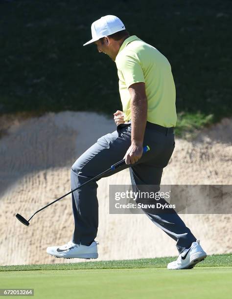 Kevin Chappell celebrates after putting in to win on the 18th green during the final round of the Valero Texas Open at TPC San Antonio AT&T Oaks...