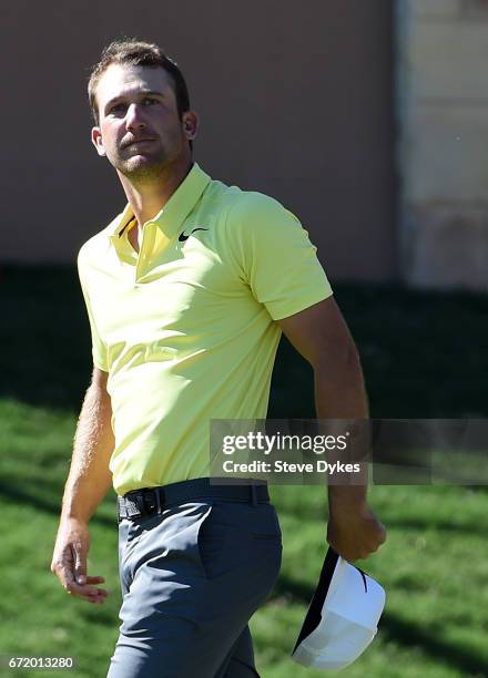 Kevin Chappell celebrates after putting in to win on the 18th green during the final round of the Valero Texas Open at TPC San Antonio AT&T Oaks...