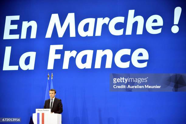 Founder and Leader of the political movement 'En Marche !' Emmanuel Macron speaks after winning the lead percentage of votes in the first round of...