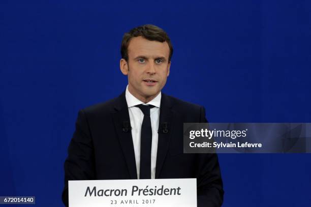 Founder and Leader of the political movement 'En Marche !' Emmanuel Macron speaks after winning the lead percentage of votes in the first round of...