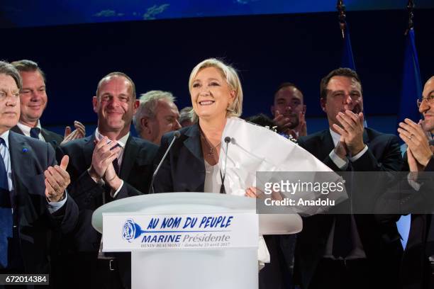 French Presidential Election candidate Marine Le Pen, the leader of France's far-right Front National political party, addresses supporters at the...