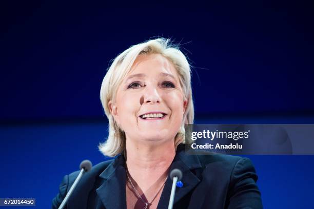 French Presidential Election candidate Marine Le Pen, the leader of France's far-right Front National political party, addresses supporters at the...