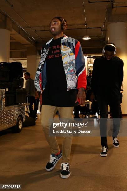 James Young of the Boston Celtics arrivals in Game Four during the Eastern Quarterfinals of the 2017 NBA Playoffs on April 23, 2017 at the United...
