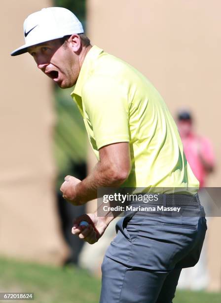 Kevin Chappell celebrates after putting in to win on the 18th green during the final round of the Valero Texas Open at TPC San Antonio AT&T Oaks...