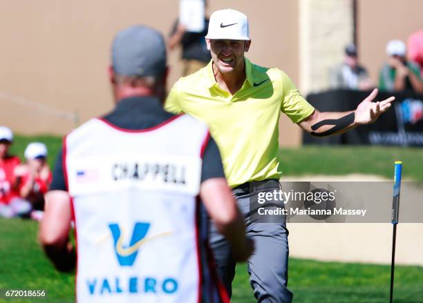 Kevin Chappell celebrates after putting in to win on the 18th green during the final round of the Valero Texas Open at TPC San Antonio AT&T Oaks...