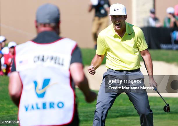 Kevin Chappell celebrates after putting in to win on the 18th green during the final round of the Valero Texas Open at TPC San Antonio AT&T Oaks...