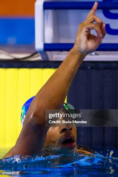 Gabriel Cristiano Silva de Souza of Brazil celebrates his result after the Men's 50m Freestyle Final A on day 03 of the 2017 Loterias Caixa Swimming...