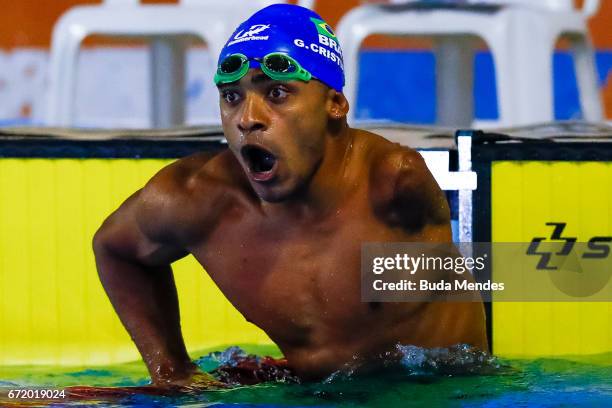 Gabriel Cristiano Silva de Souza of Brazil celebrates his result after the Men's 50m Freestyle Final A on day 03 of the 2017 Loterias Caixa Swimming...