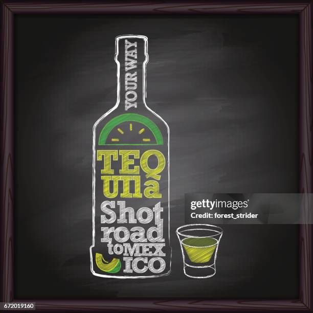 tequila-flasche und schuss auf tafel - vodka stock-grafiken, -clipart, -cartoons und -symbole