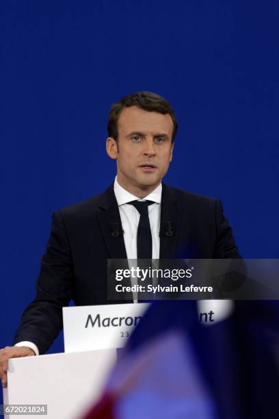 Founder and Leader of the political movement 'En Marche !' Emmanuel Macron speaks after winning the lead percentage of votes in the first round of...