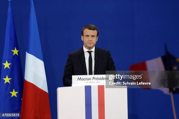 Founder and Leader of the political movement 'En Marche !' Emmanuel Macron speaks after winning the lead percentage of votes in the first round of...