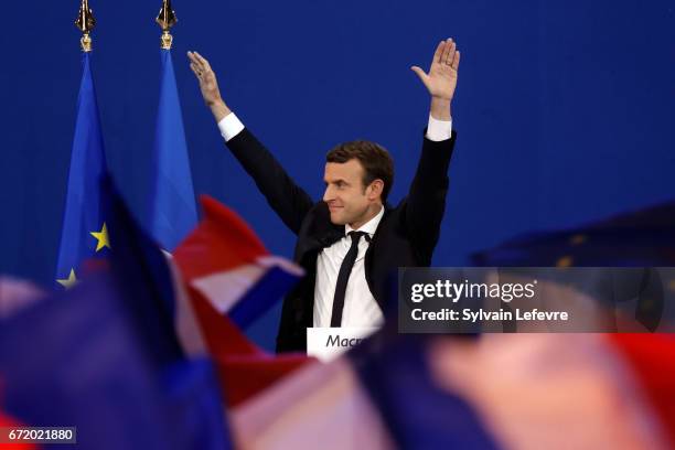 Founder and Leader of the political movement 'En Marche !' Emmanuel Macron speaks after winning the lead percentage of votes in the first round of...