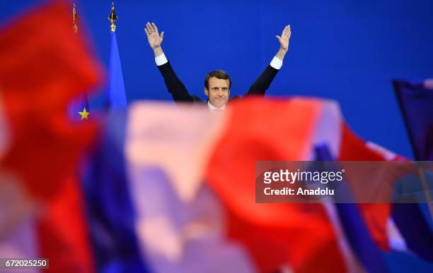 French centrist, independent candidate Emmanuel Macron addresses supporters after winning the lead percentage of votes with 24 percent in the first...