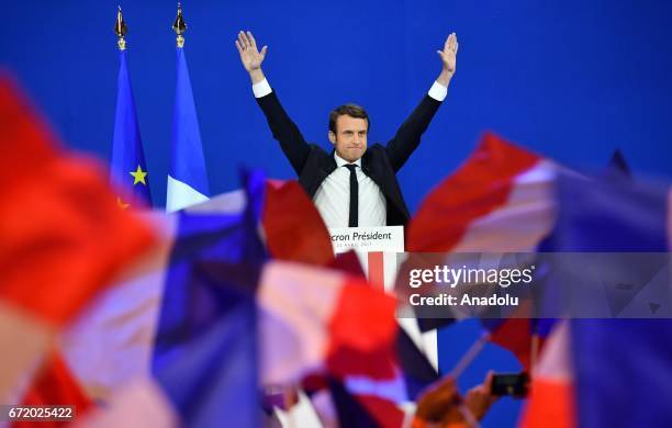 French centrist, independent candidate Emmanuel Macron addresses supporters after winning the lead percentage of votes with 24 percent in the first...