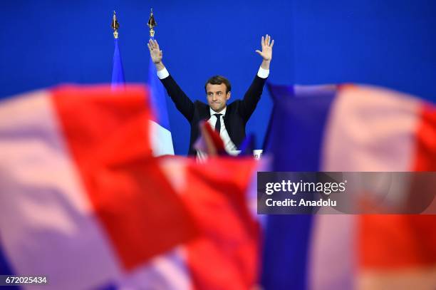 French centrist, independent candidate Emmanuel Macron addresses supporters after winning the lead percentage of votes with 24 percent in the first...