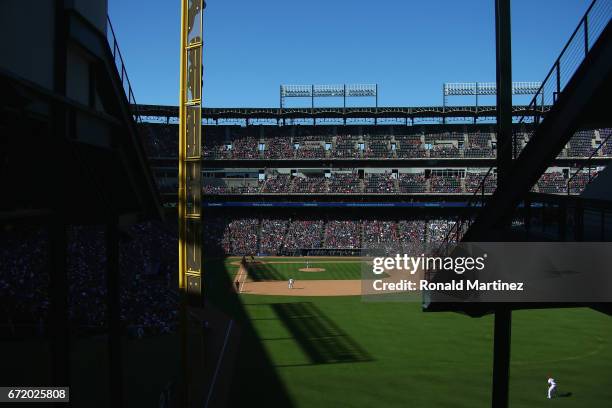 General view of play between the Kansas City Royals and the Texas Rangers in the ninth inning at Globe Life Park in Arlington on April 23, 2017 in...