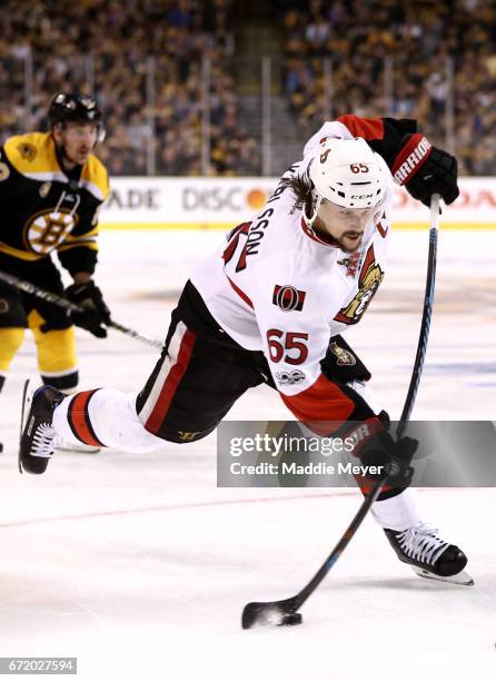 Erik Karlsson of the Ottawa Senators takes a shot against the Boston Bruins during overtime of the Senators Game Six win over the Bruins in the...