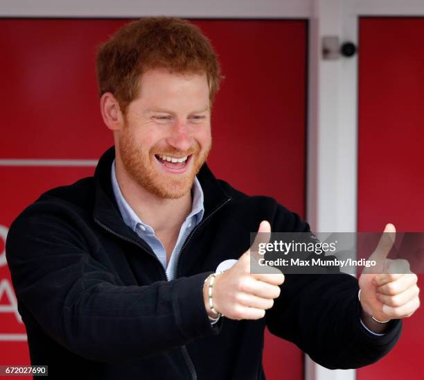 Prince Harry cheers on runners as he starts the 2017 Virgin Money London Marathon on April 23, 2017 in London, England. The Heads Together mental...