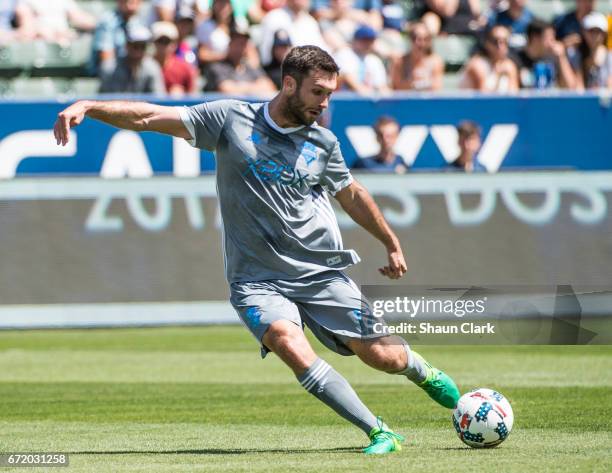 Will Bruin of Seattle Sounders takes a shot during Los Angeles Galaxy's MLS match against Seattle Sounders at the StubHub Center on April 23, 2017 in...