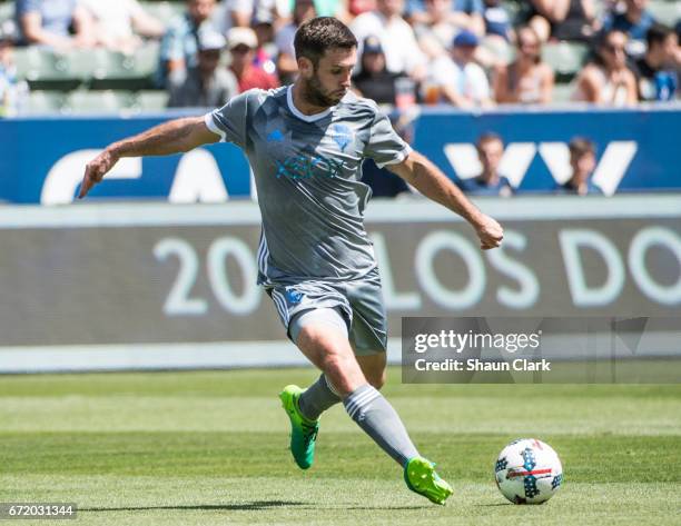 Will Bruin of Seattle Sounders takes a shot during Los Angeles Galaxy's MLS match against Seattle Sounders at the StubHub Center on April 23, 2017 in...