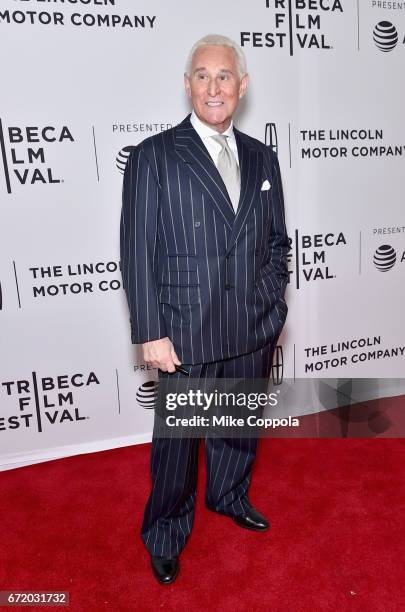 Political consultant Roger Stone attends the 'Get Me Roger Stone' Premiere during the 2017 Tribeca Film Festival at SVA Theatre on April 23, 2017 in...