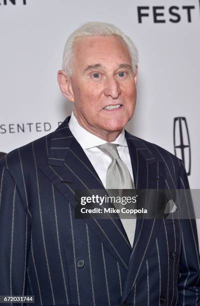 Political consultant Roger Stone attends the 'Get Me Roger Stone' Premiere during the 2017 Tribeca Film Festival at SVA Theatre on April 23, 2017 in...