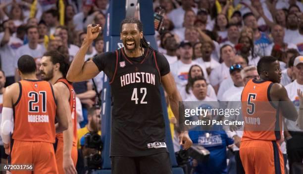 Nene Hilario of the Houston Rockets celebrates after Game Four against the Oklahoma City Thunder in the 2017 NBA Playoffs Western Conference...