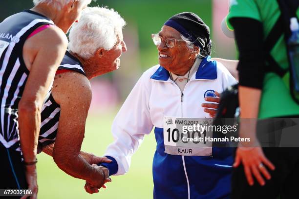 Man Kaur of India is congratulated by competitors after racing in the 85-year-olds age group 100m sprint at the World Masters Games on April 24, 2017...