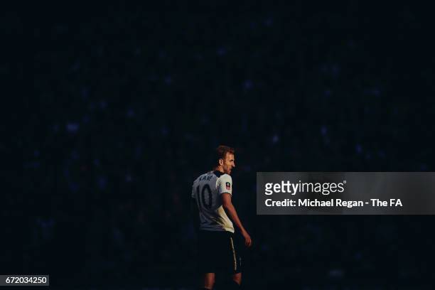 Harry Kane of Tottenham looks on during The Emirates FA Cup Semi-Final between Chelsea and Tottenham Hotspur at Wembley Stadium on April 22, 2017 in...