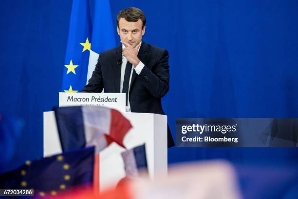 Emmanuel Macron, France's independent presidential candidate, pauses while speaking to attendees after the first round of the French presidential...
