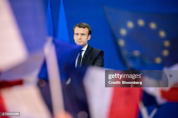 Emmanuel Macron, France's independent presidential candidate, pauses while speaking to attendees after the first round of the French presidential...