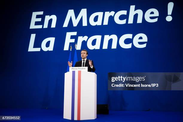 Founder and Leader of the political movement 'En Marche !' and presidential candidate Emmanuel Macron addresses activists after the announcement of...