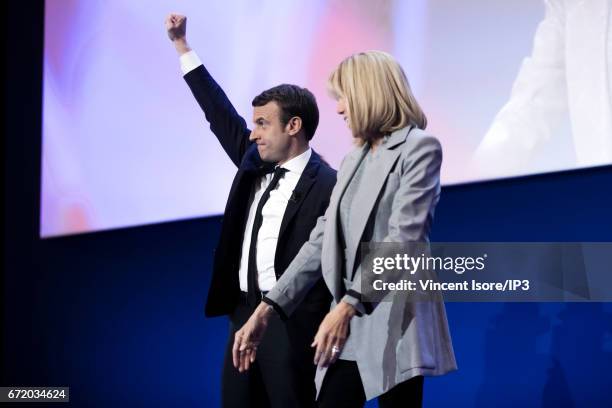 Founder and Leader of the political movement 'En Marche !' and presidential candidate Emmanuel Macron , with his wife Brigitte Trogneux , addresses...