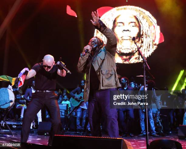 Pitbull and Stephen Marley perform at Kaya Fest at Bayfront Park Amphitheater on April 22, 2017 in Miami, Florida.