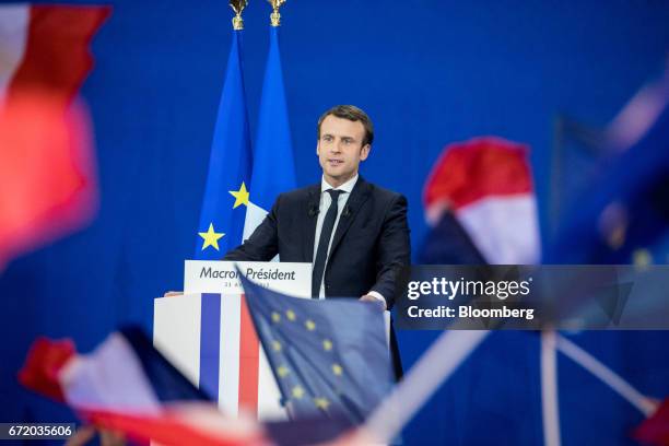 Emmanuel Macron, France's independent presidential candidate, speaks to attendees after the first round of the French presidential election are...