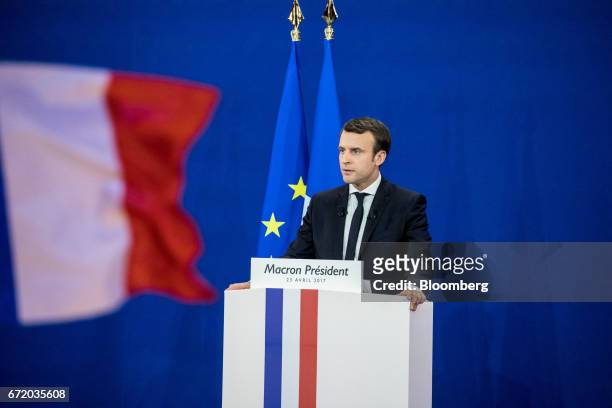 Emmanuel Macron, France's independent presidential candidate, speaks to attendees after the first round of the French presidential election are...