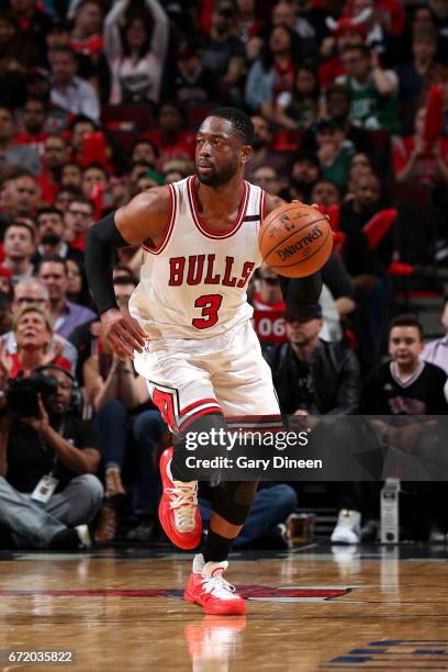 Dwyane Wade of the Chicago Bulls handles the ball during the game against the Boston Celtics in Game Four during the Eastern Quarterfinals of the...