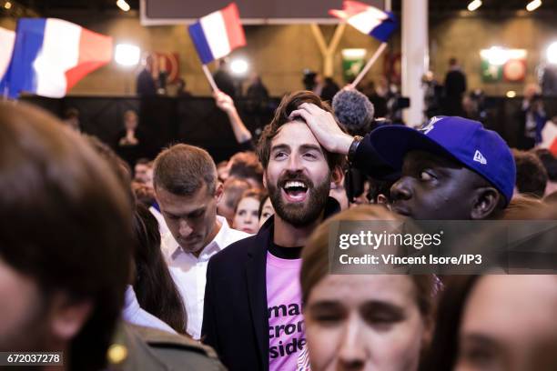 Founder and Leader of the political movement 'En Marche !' and presidential candidate Emmanuel Macron addresses activists after the announcement of...