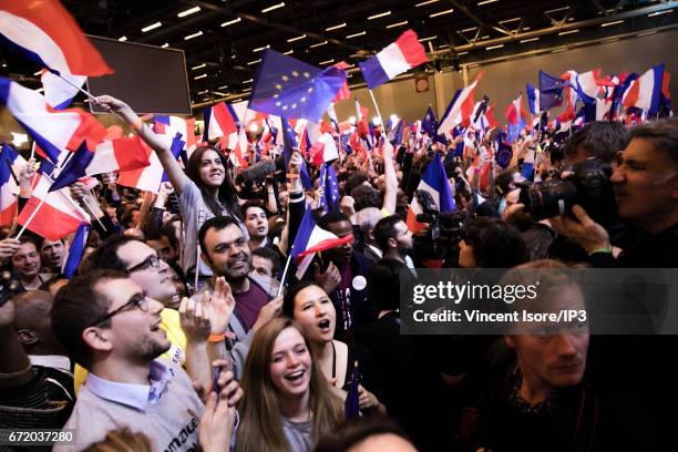 Founder and Leader of the political movement 'En Marche !' and presidential candidate Emmanuel Macron addresses activists after the announcement of...