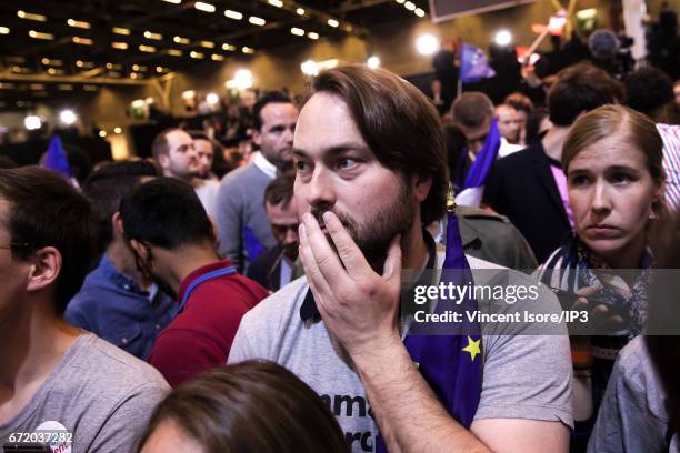 Founder and Leader of the political movement 'En Marche !' and presidential candidate Emmanuel Macron addresses activists after the announcement of...